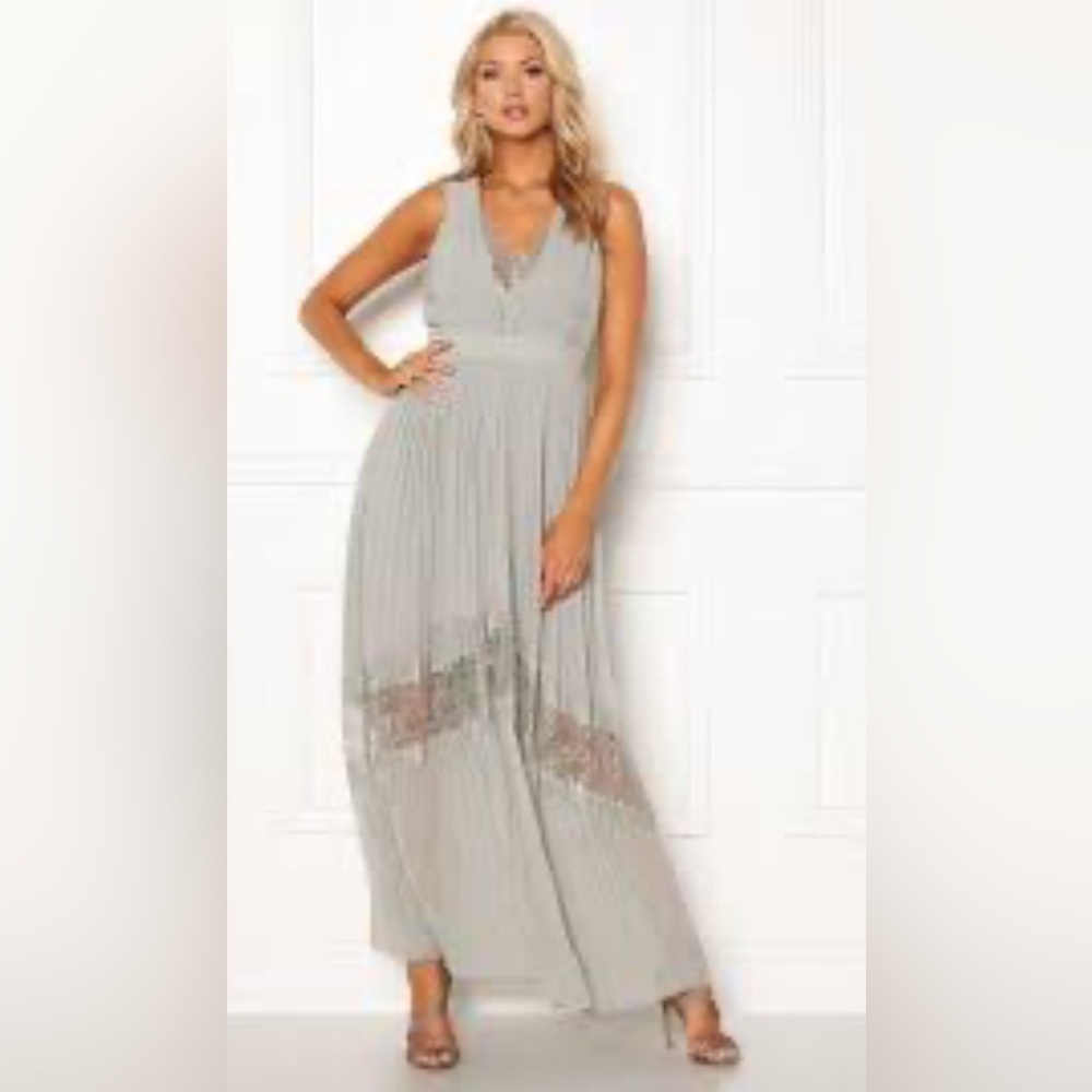 Little Mistress Sage Green Pleated Lace-Insert Maxi Dress